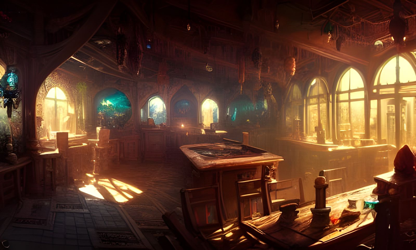 Detailed Fantasy Tavern Interior with Sun Rays