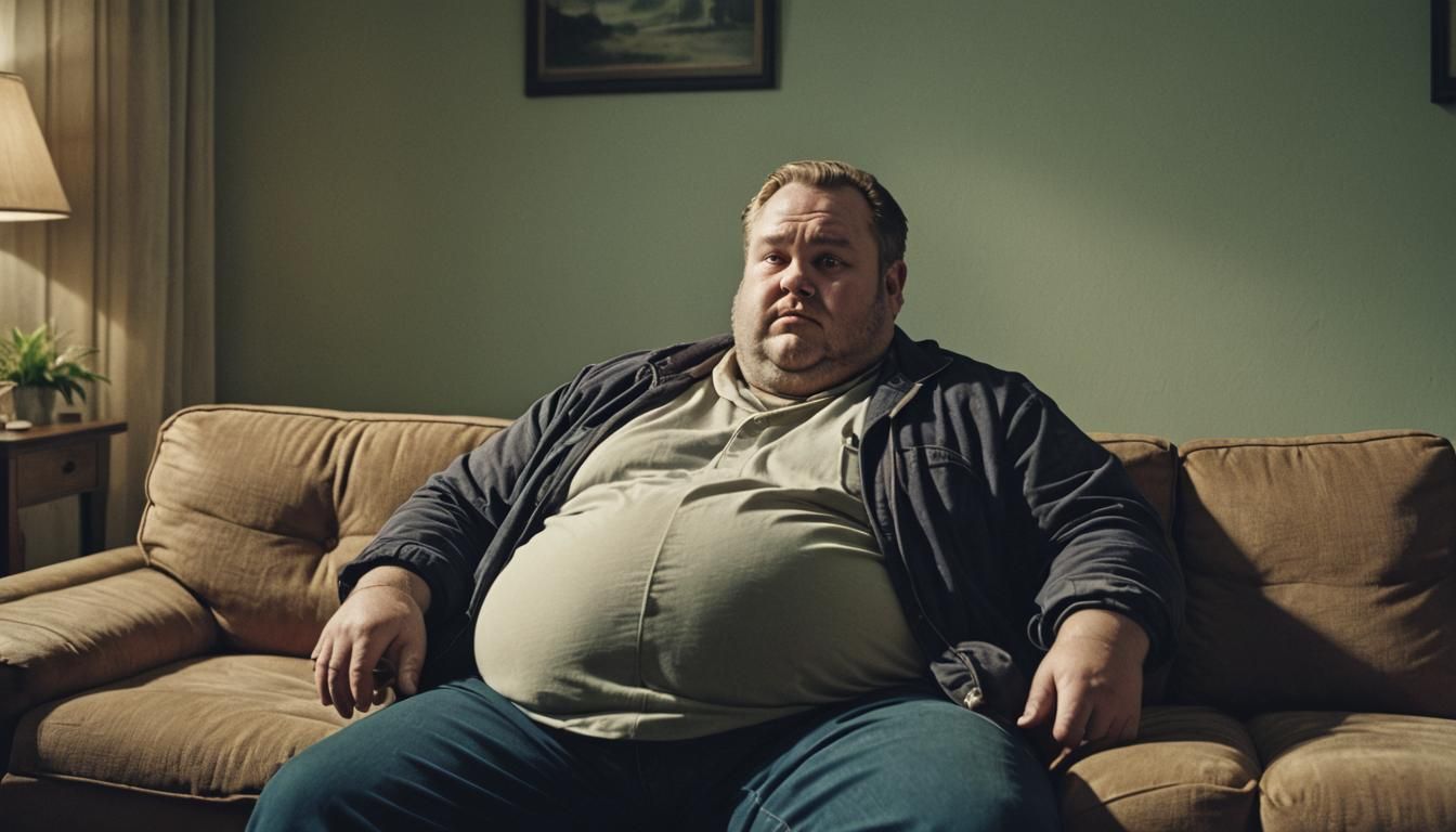 Overweight Man on Sofa: Cinematic Still