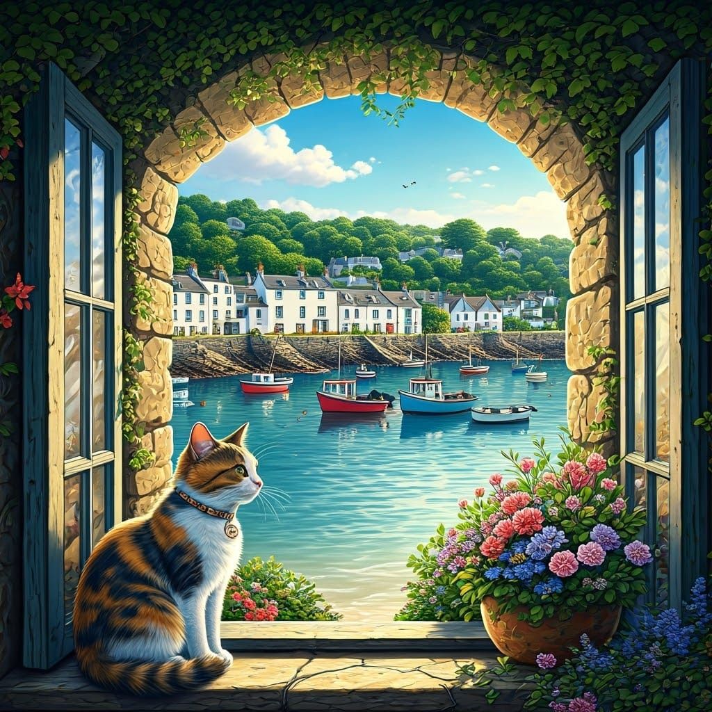 Whimsical Harbour Scene with Calico Cat