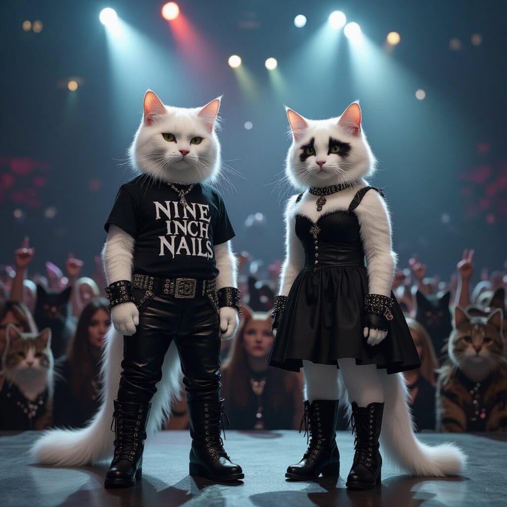 Goth Cats Rock Out at Ghost Concert in Realistic Style