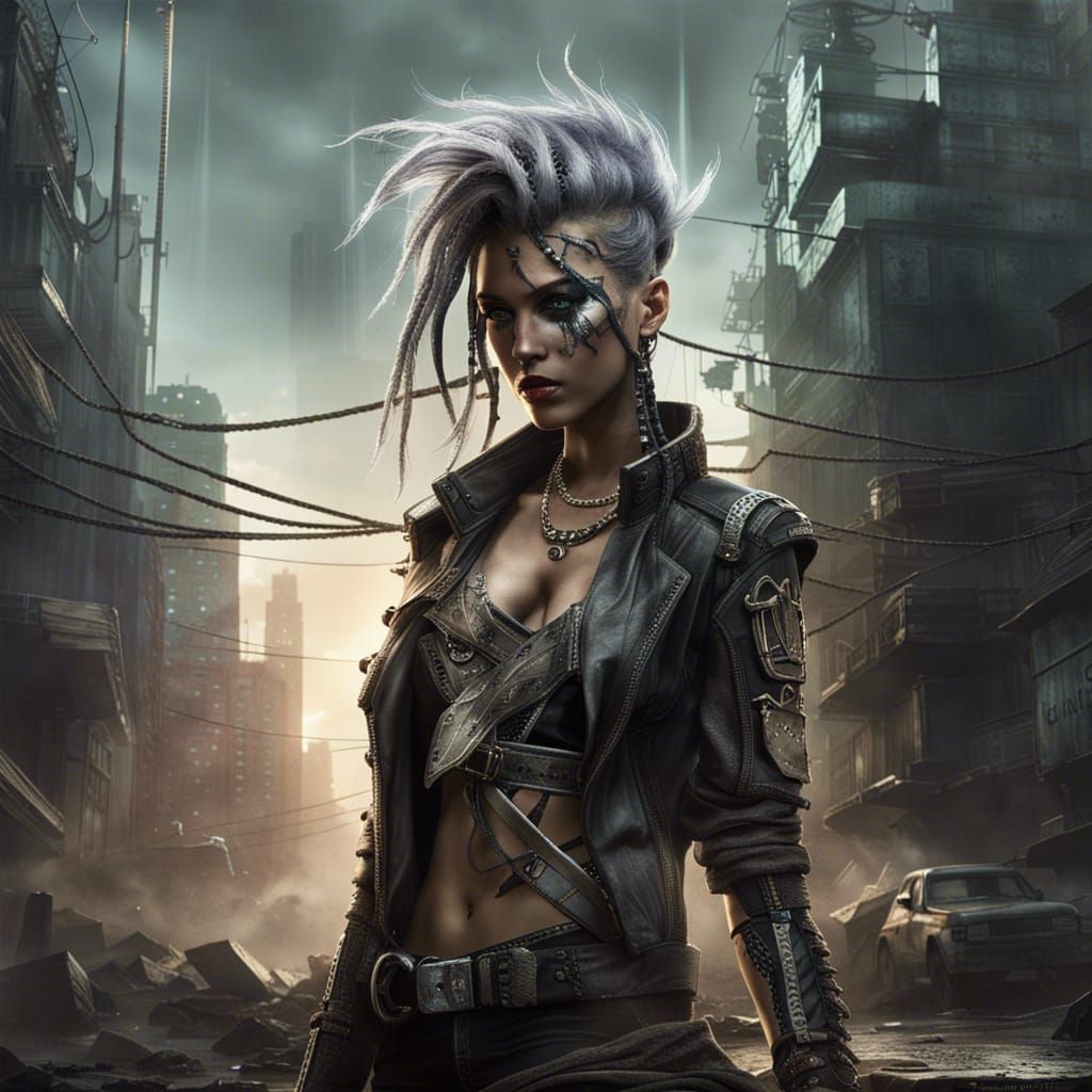 Cyberpunk Pirate Goddess in Ruined Cityscape