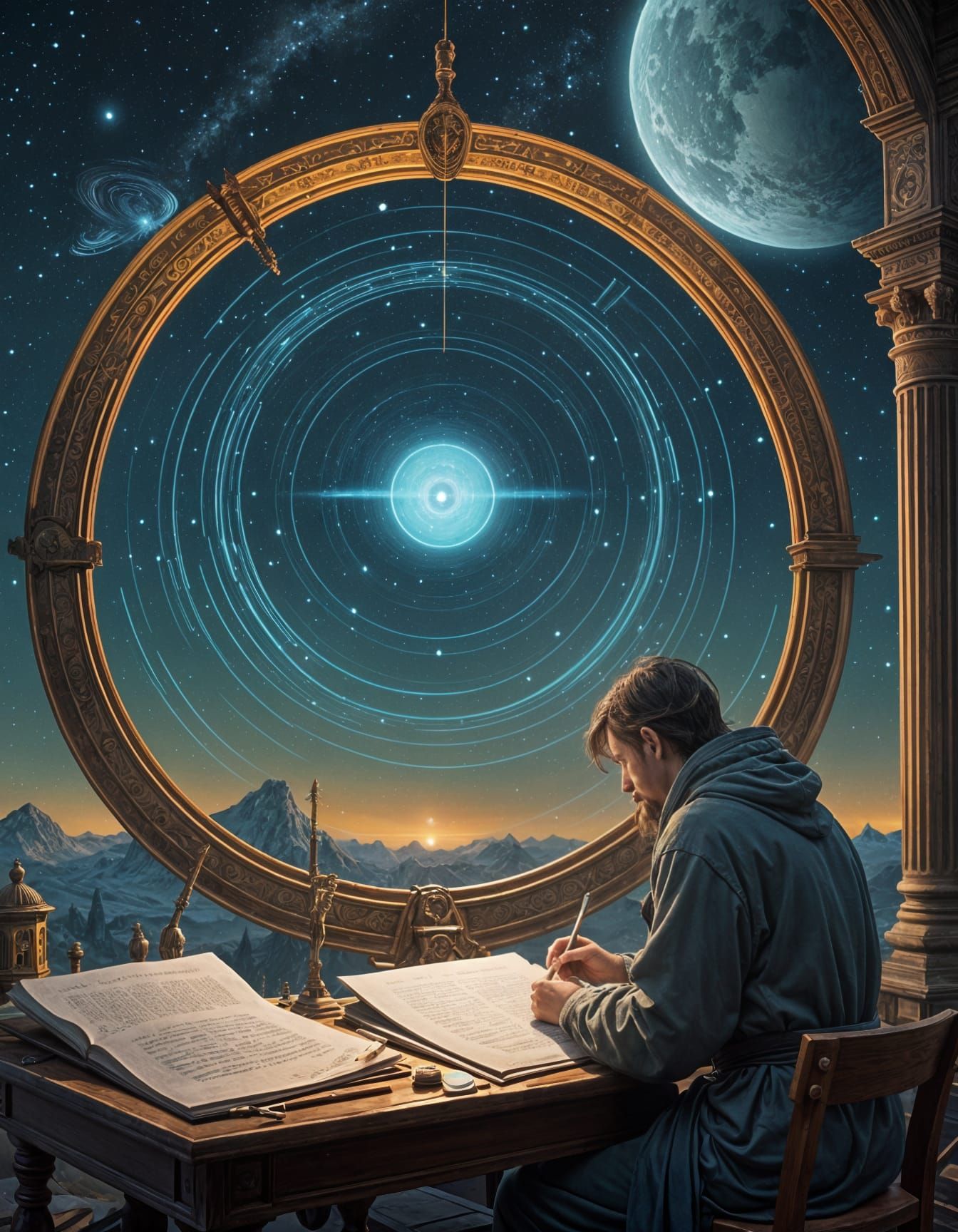 Celestial Calligrapher Inscribing Saturn Rings, Digital Art