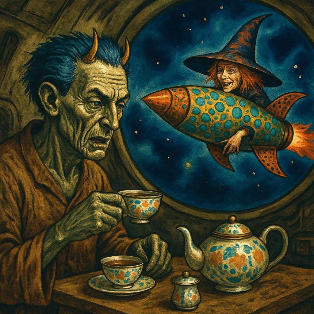 Alien Tea Ceremony in Rocket: Egon Schiele Sketch