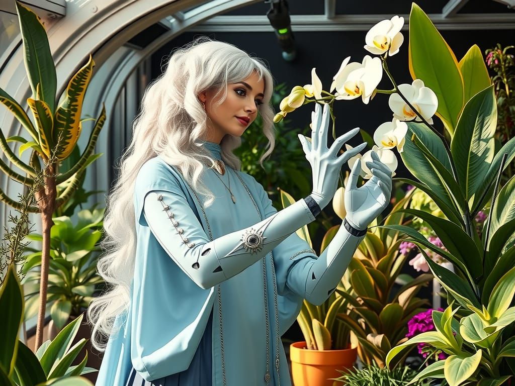 Elegant Lady in Neo Rococo Style Admires Orchid in Futuristi...