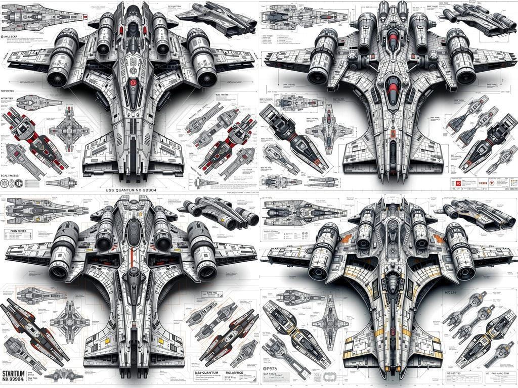 IMG2IMG comprehensive orthogonal projections and detailed schematics of the spaceship shown in the 2D blueprint. The out...