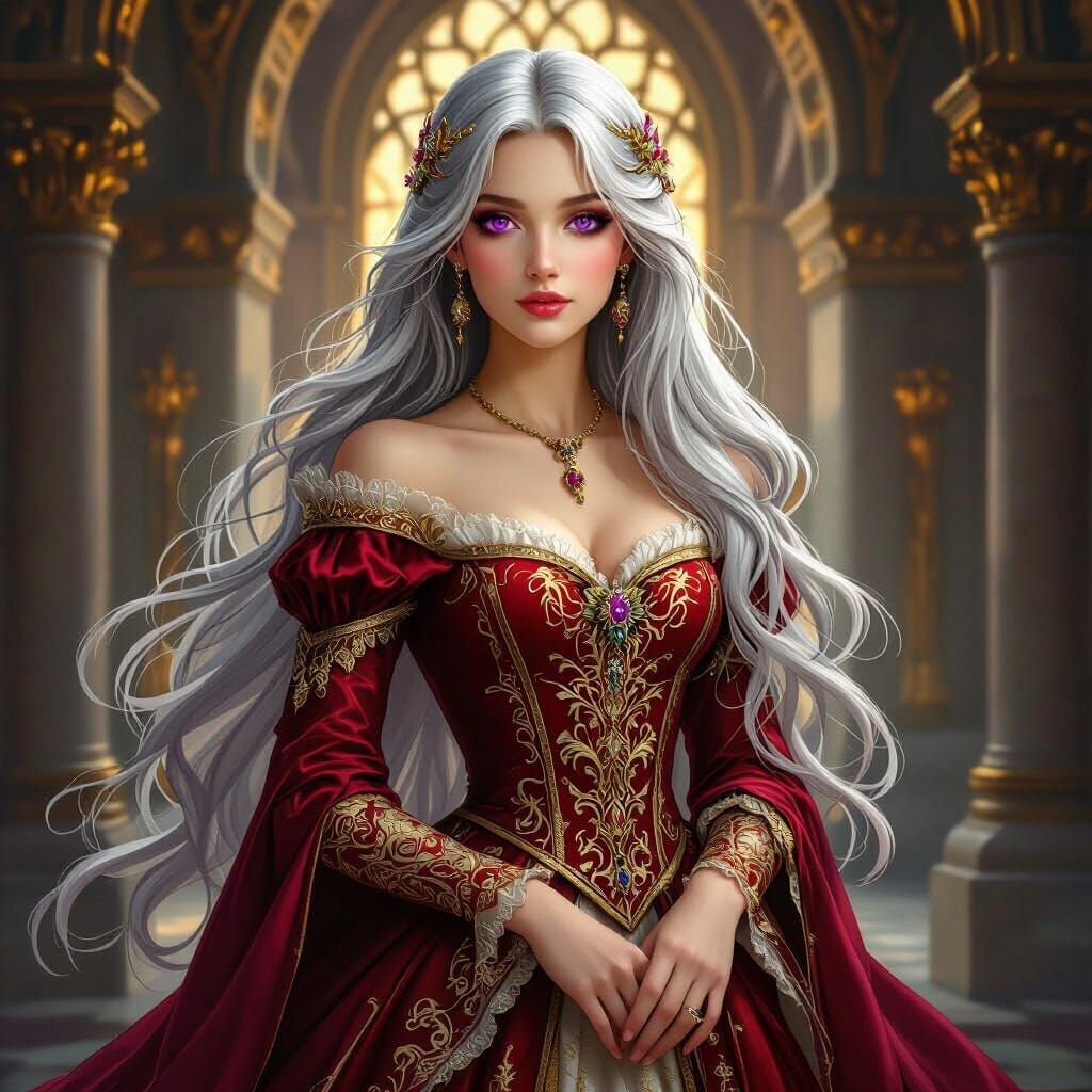 Princess with Silver Hair and Purple Eyes in Castle