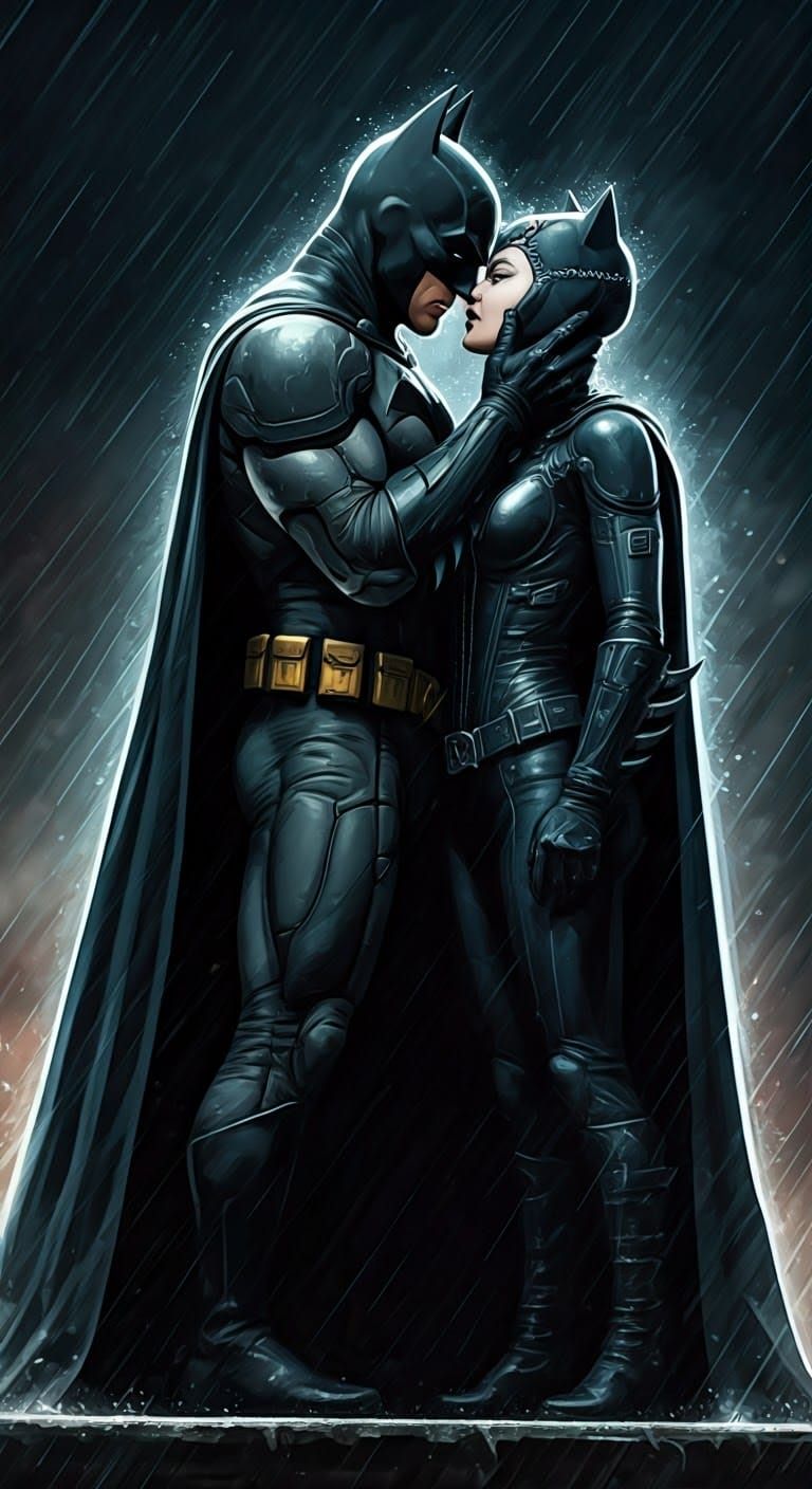 Batman and Catwoman Kissing on Rainy Rooftop
