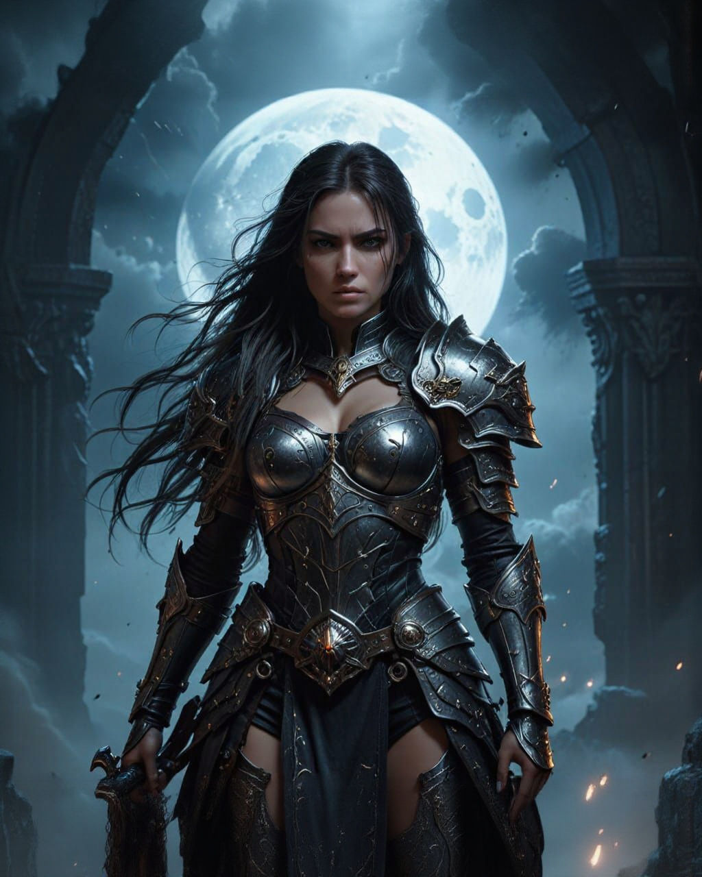 Female Warrior Guarding Underworld Entrance in Warhammer 40k...