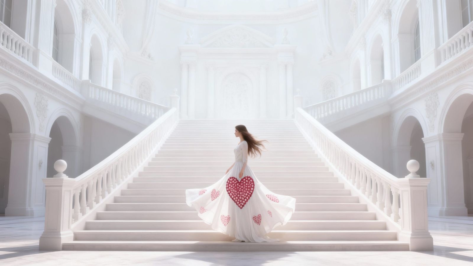 Goddess with Giant Heart in Symmetrical White Architecture