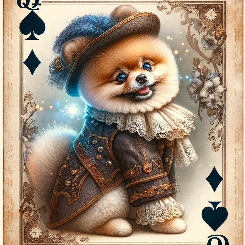 Watercolor Portrait of Pomeranian in Playing Card Style