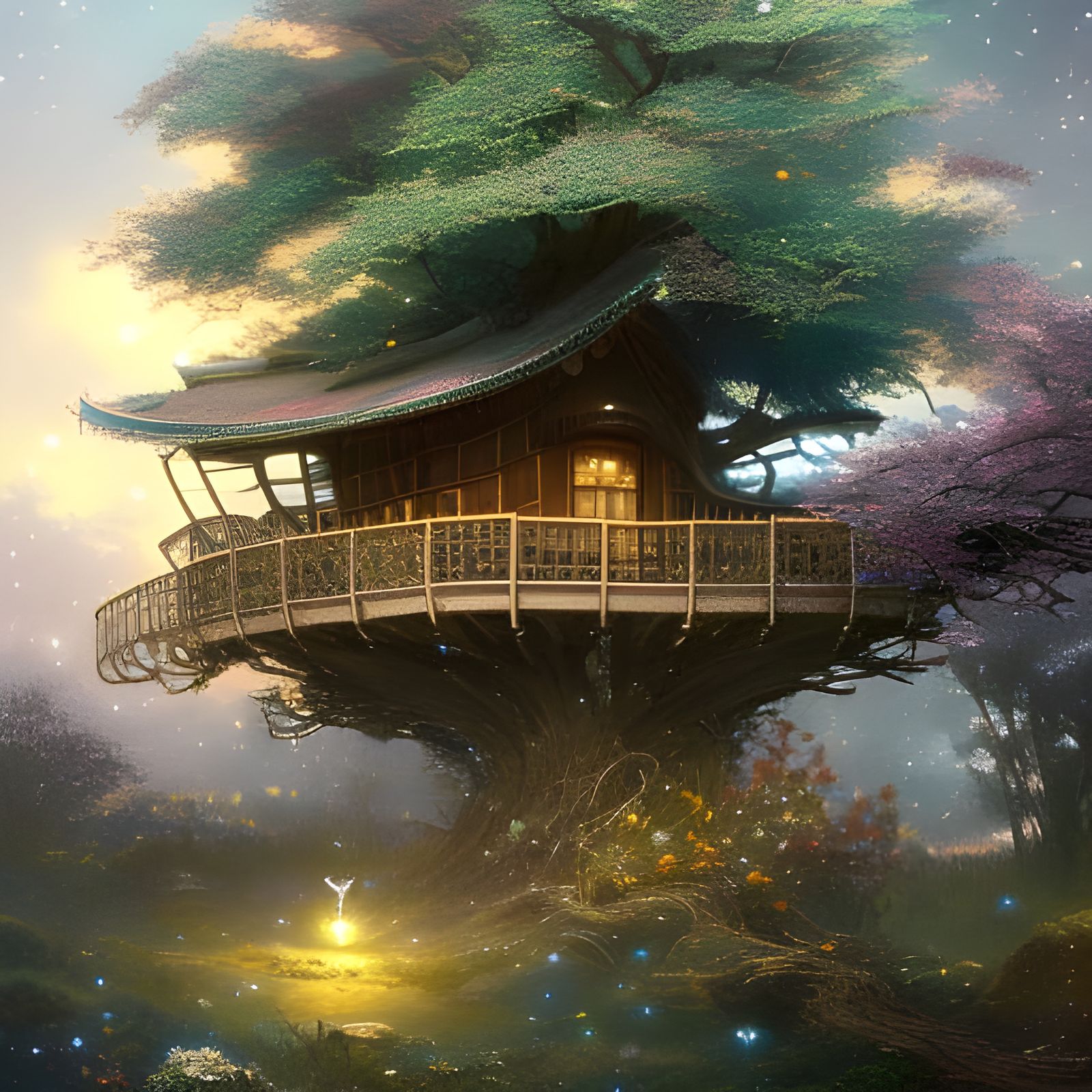 Fantasy Treehouse Under Starry Sky as Oil Painting
