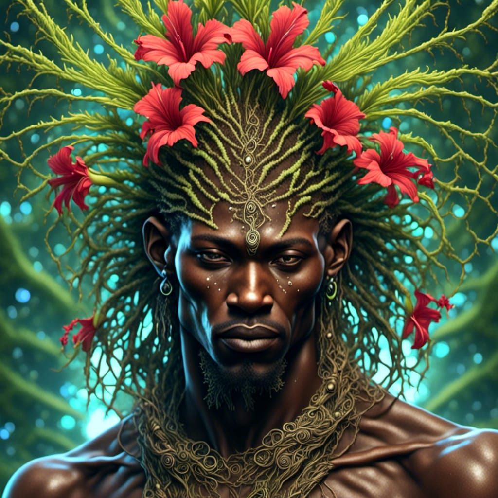 Alien Shaman in Bioluminescent Fractal Garden