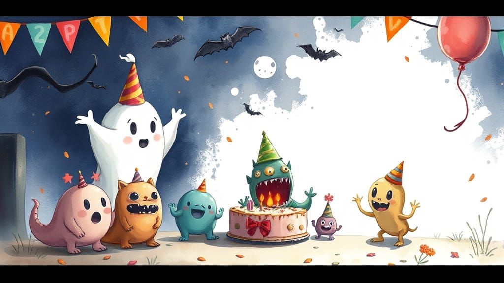 Cute Ghosts and Monsters Birthday Party Cartoon