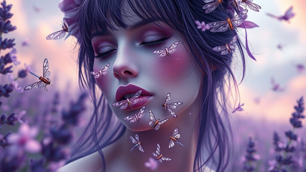 Cosmic Enchantress with Dragonflies in Hyperrealistic 3D