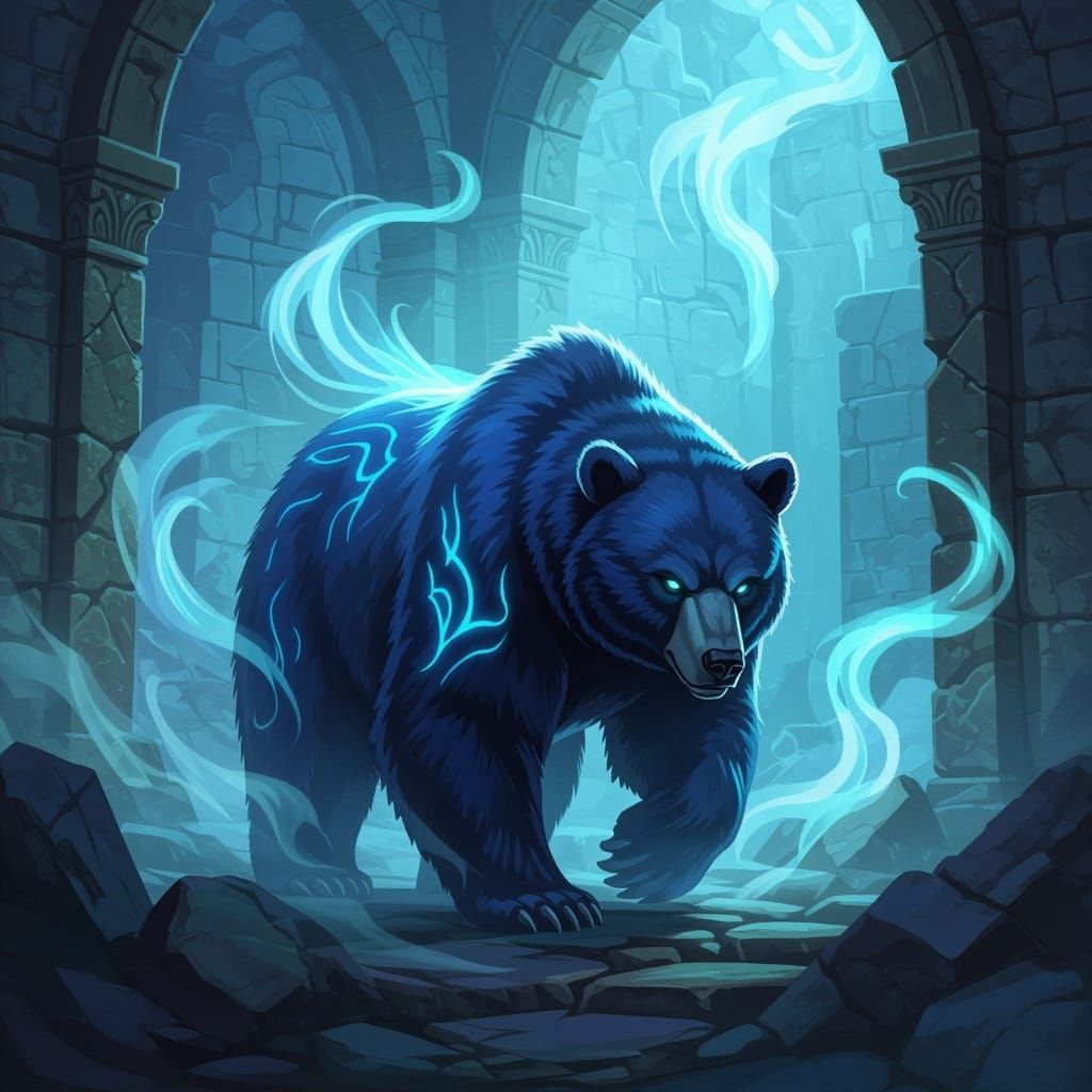 Majestic Bear in Ancient Ruins, Painterly Fantasy Art