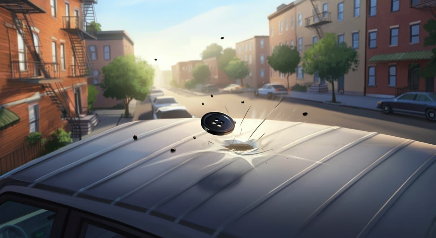 Black Button Impacts Car Roof: Comic-Style Illustration