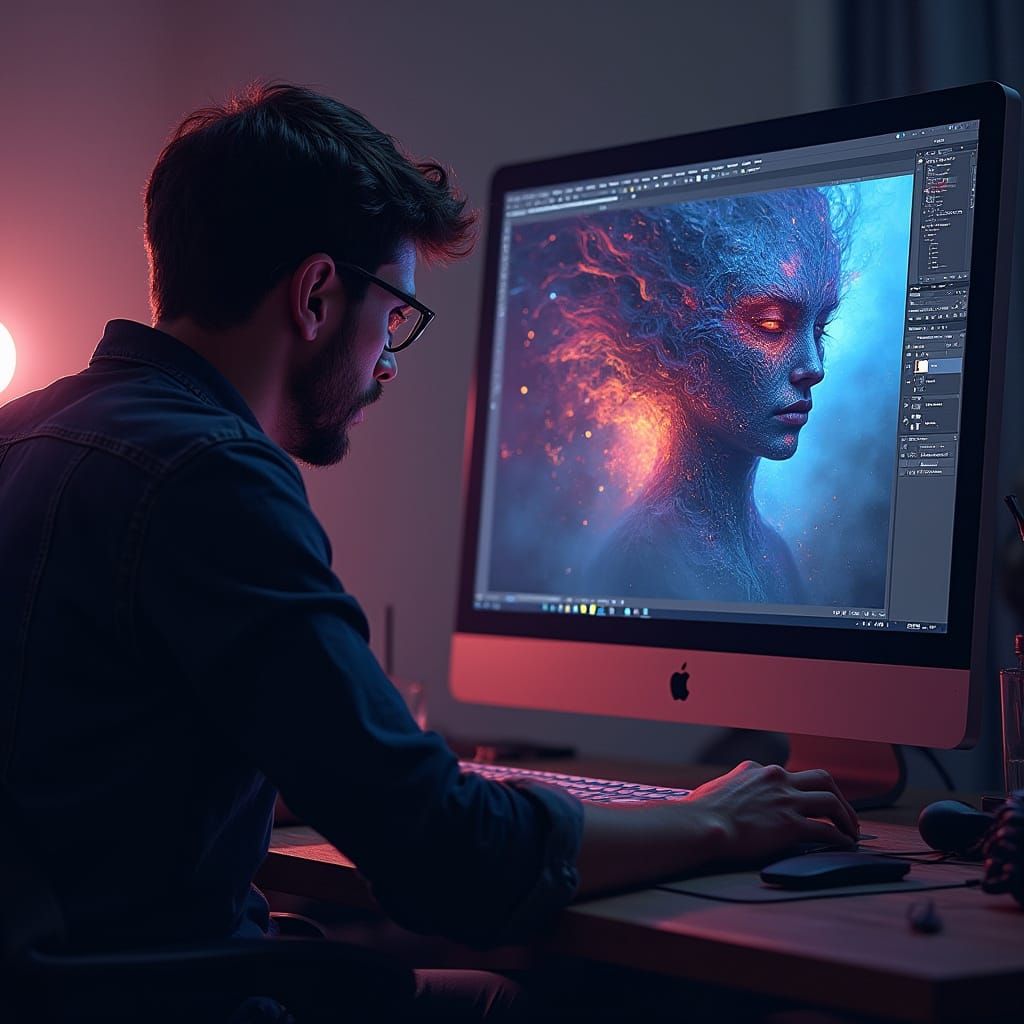 Digital Artist at Work in Atmospheric Studio