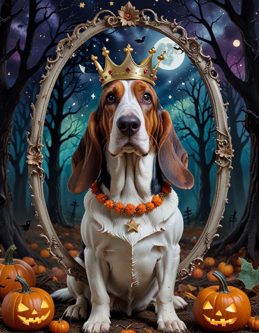 Regal Basset Hound in Eerie Forest