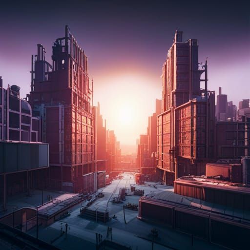 Abandoned Industrial City at Dawn in Anime Style