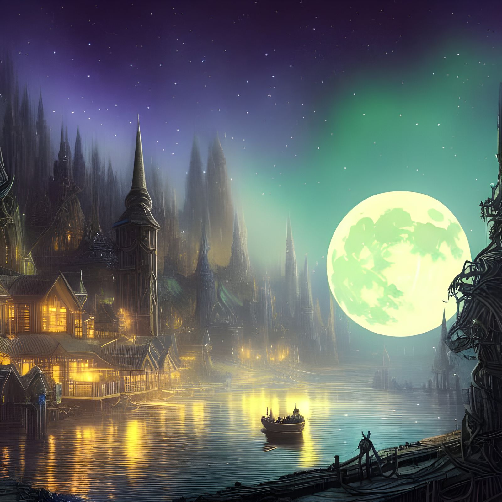 Riverside City Under Aurora Borealis in Cell-Shaded Style