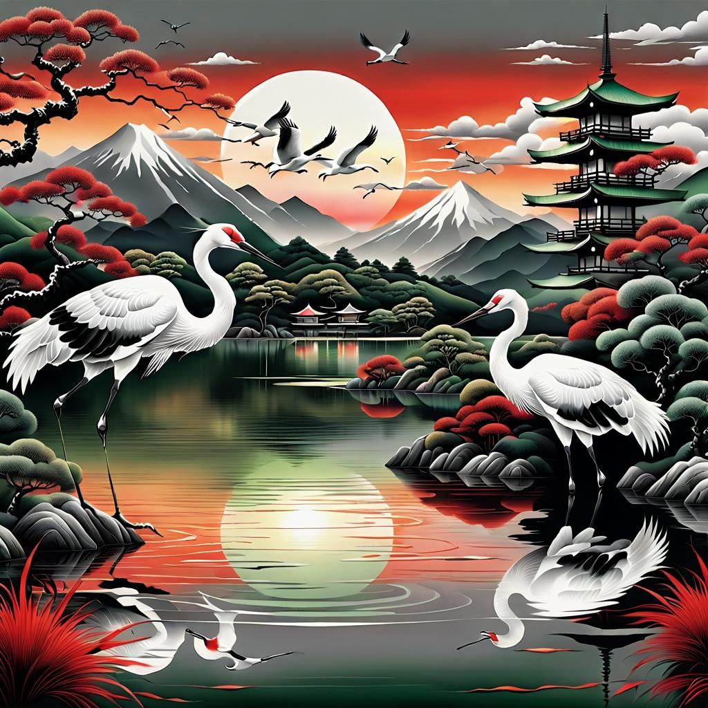 Japanese Sunset with Cranes in Artistic Style