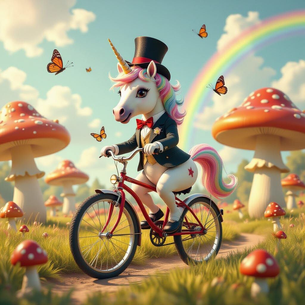 Unicorn on Penny-Farthing in Psychedelic Mushroom Field