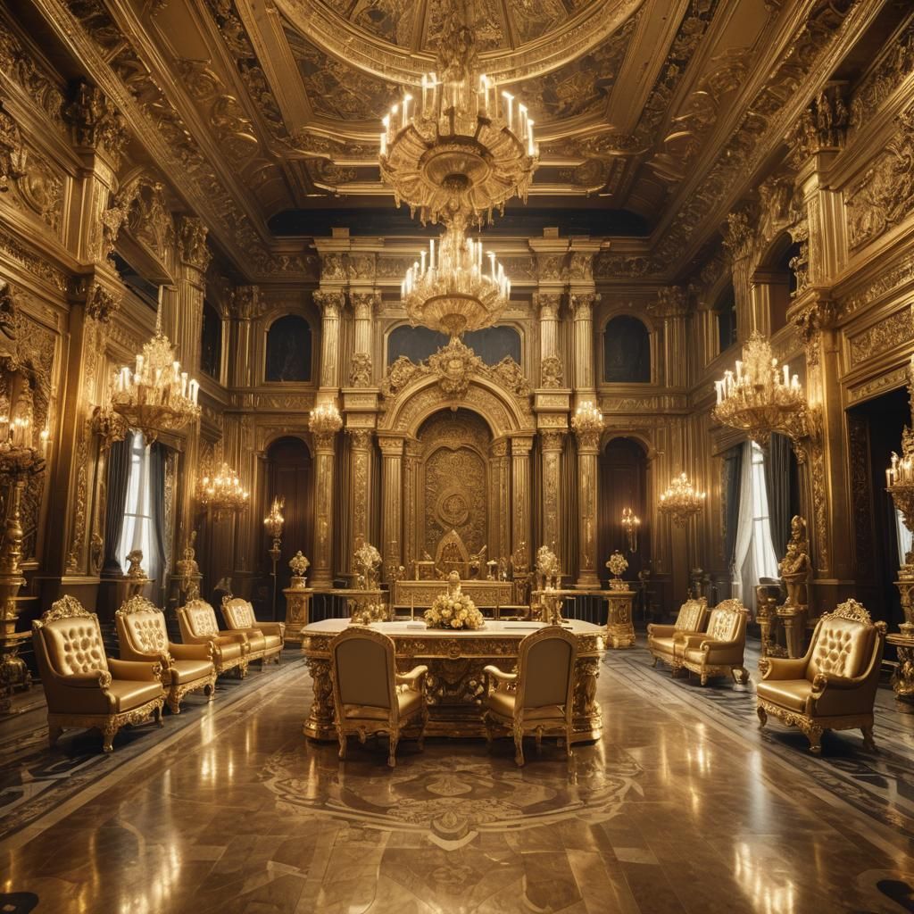 Opulent Throne Room in Baroque Style, Golden Decor