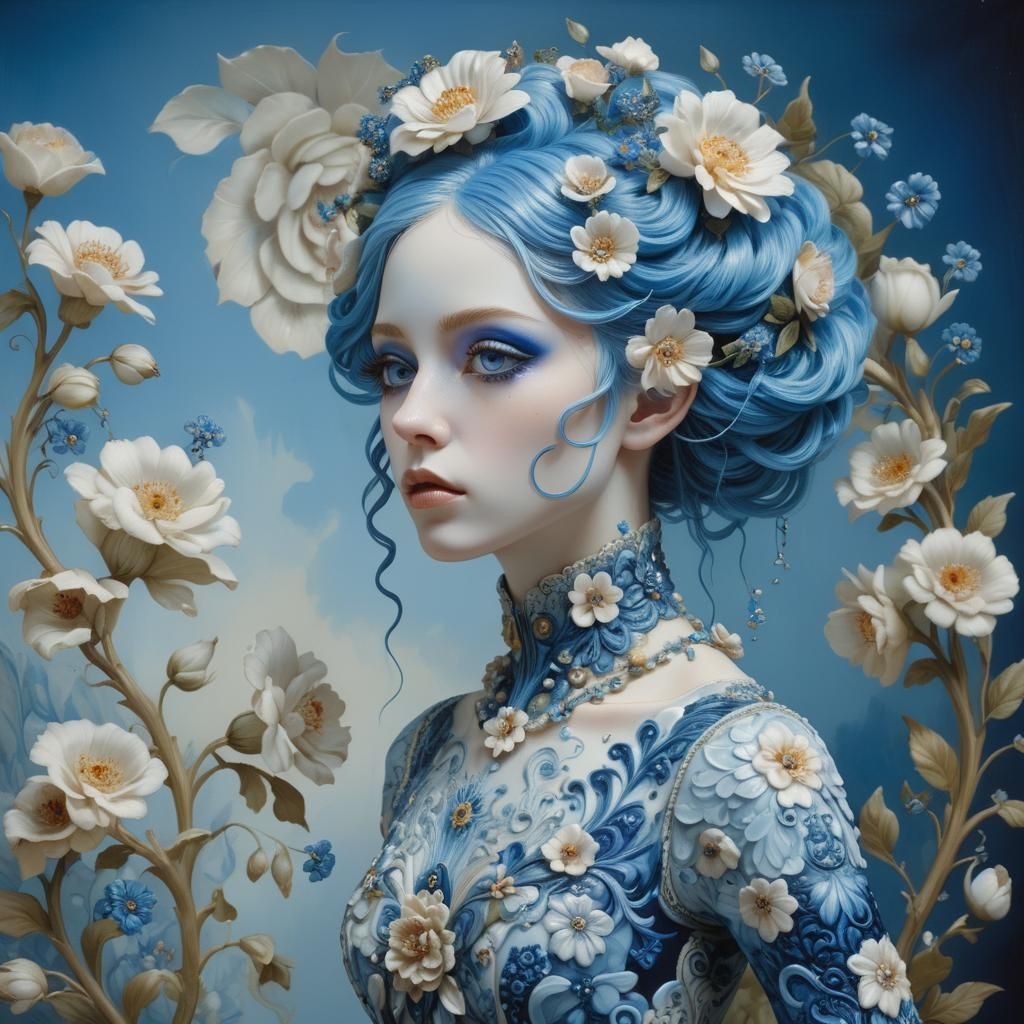Surreal Porcelain Figure with Floral Hair, Oil Painting