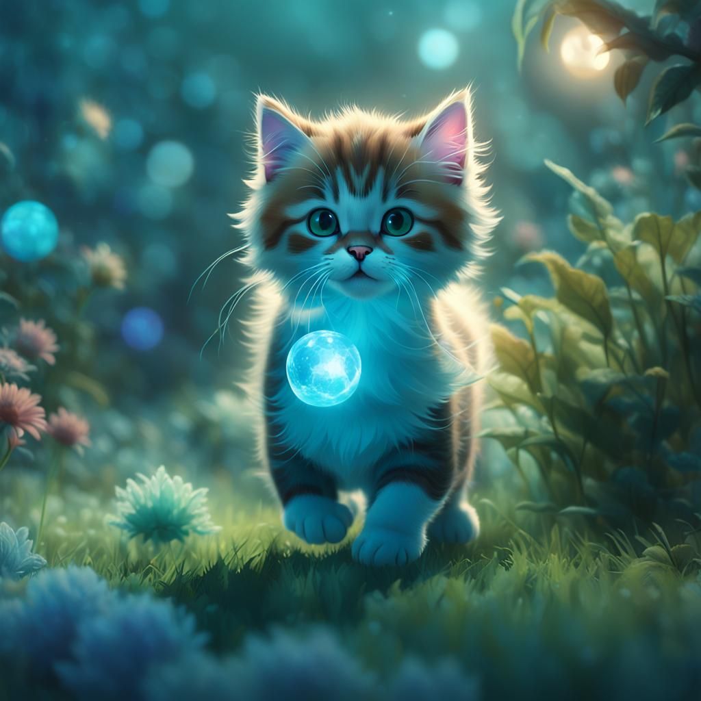 Calico Kitten Pouncing in Moonlit Garden