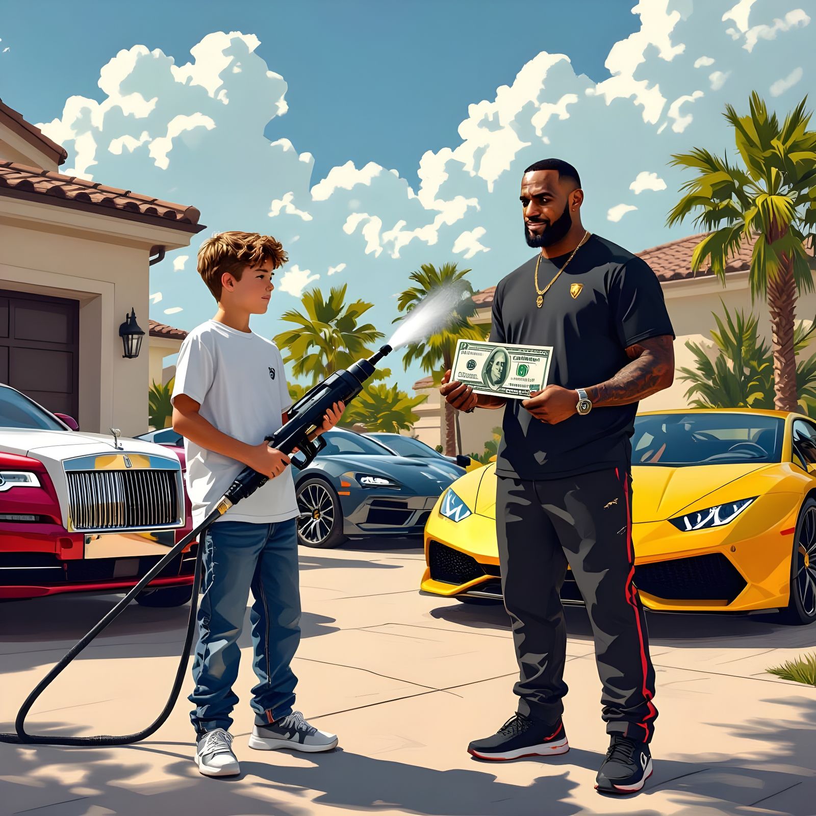 Teenage Boy Pressure Washing Next to Lebron James