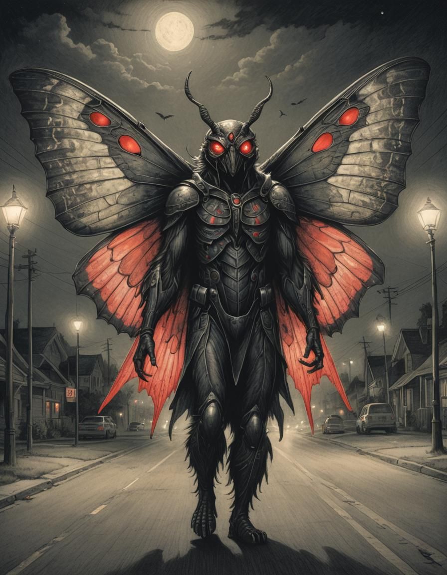 Mothman on Suburban Road: Vintage Pencil Drawing