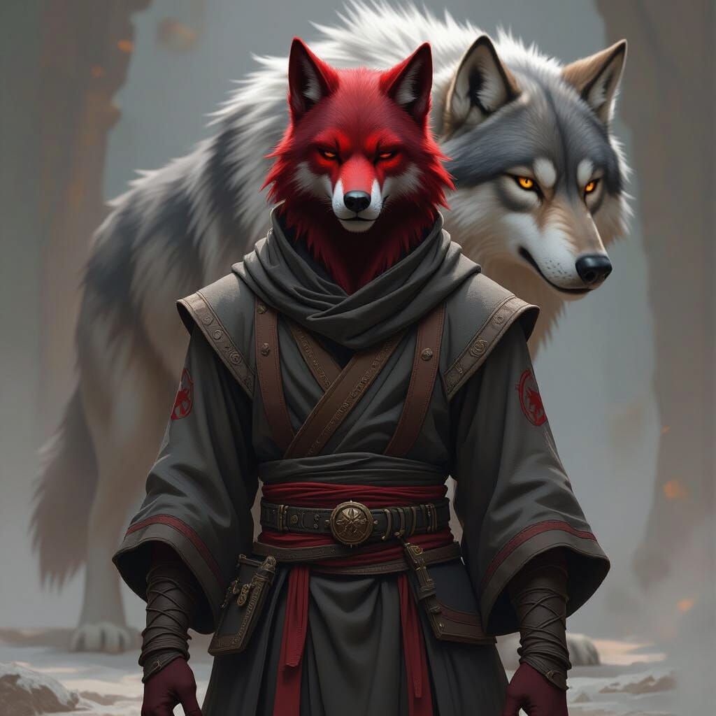 Serene Monk Character Facing Giant Wolf in Fantasy Art Style