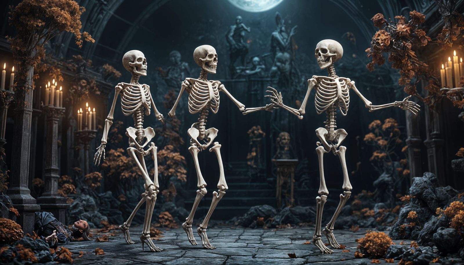 Ethereal Skeleton Dancers in Vibrant Afterlife Realm