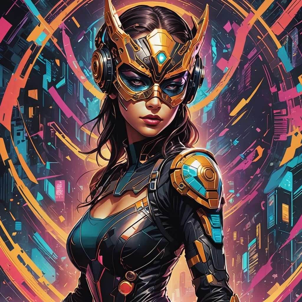 Design a flyer with a beautiful mask women in a dynamic pose, wearing a cyberpunk-style outfit with glowing details. The...