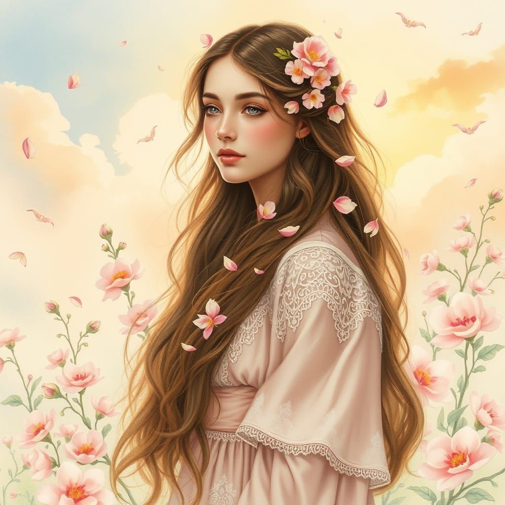Dreamy Floral Portrait in Art Nouveau Style
