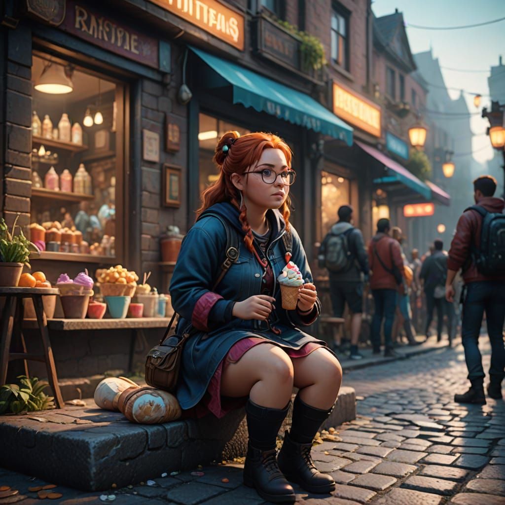 Quirky Girl in Whimsical Street Scene