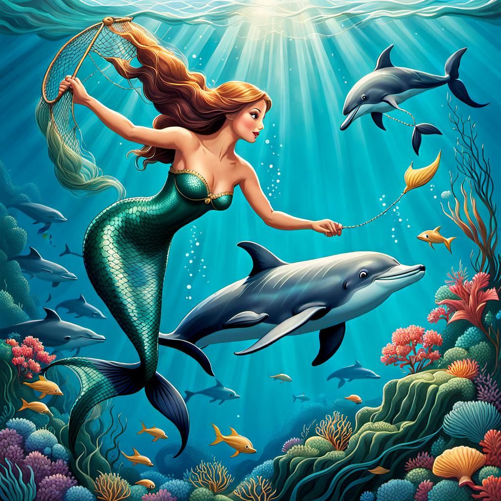 Mermaid Rescuing Dolphin: Storybook Illustration