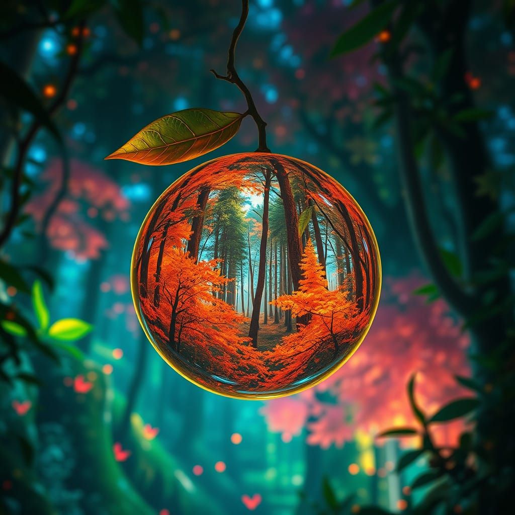 Enchanted Glass Orange in Vibrant, Mystical Forest