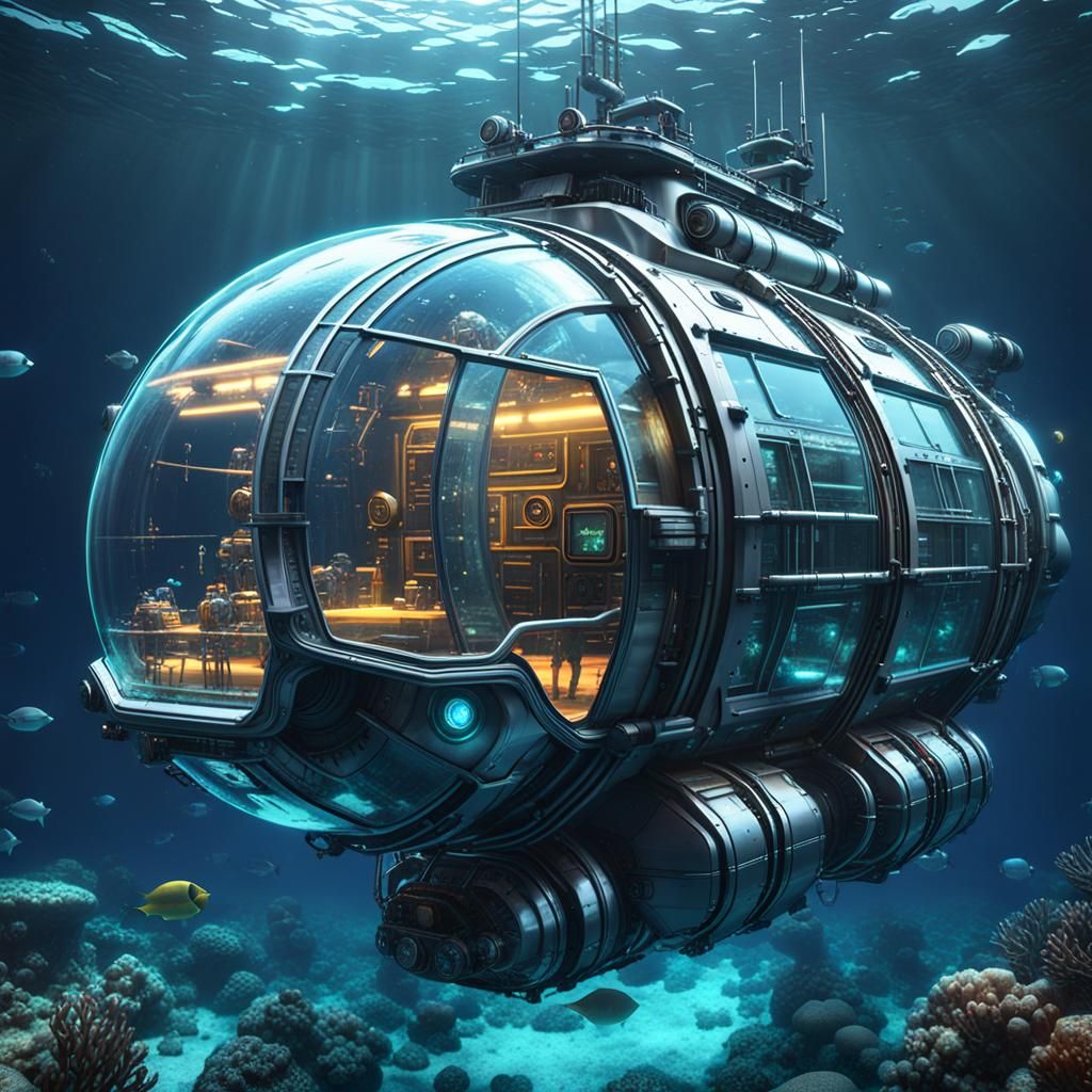 Futuristic Glass Submersible in Deep Ocean, 3D Render