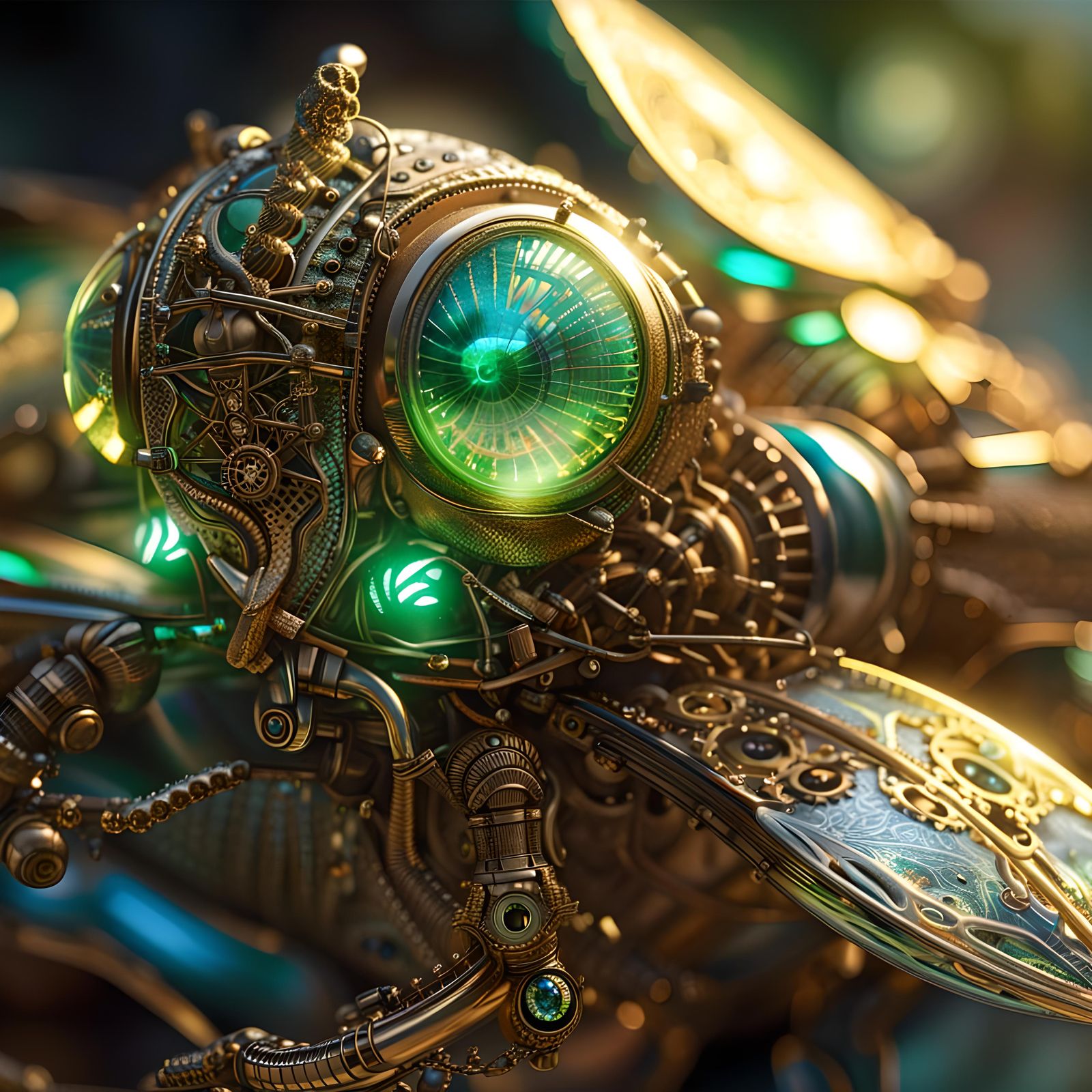 Steampunk Firefly with Iridescent Eyes in Macro Photo