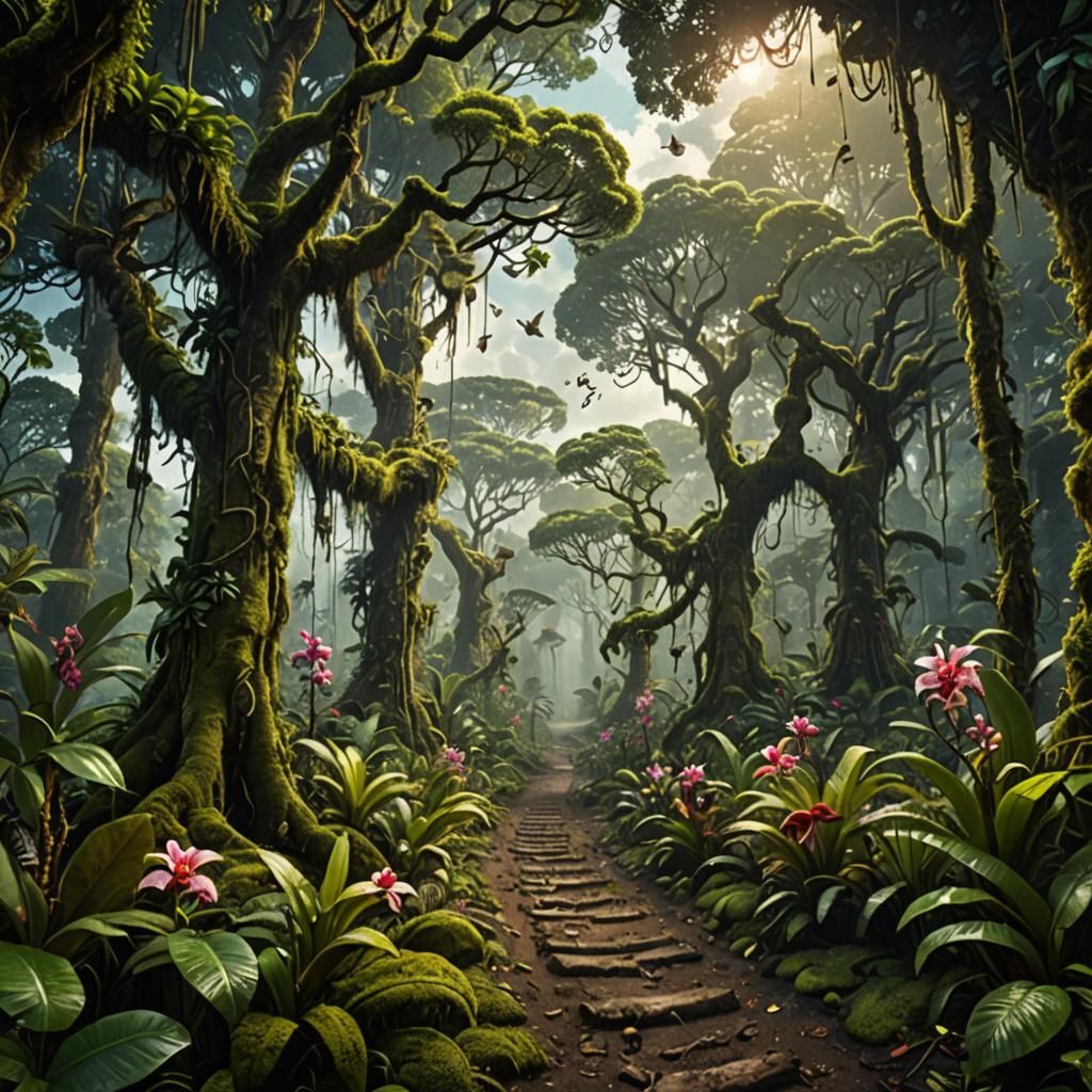 Lush Amazon Rainforest Path with Orchids: Fantasy Art