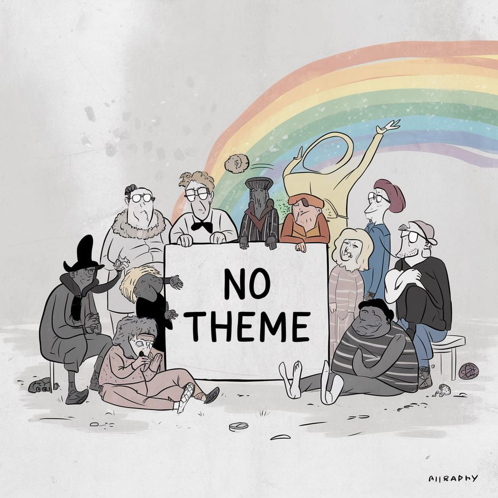 Playful Illustration: Diverse Group Ignoring "NO THEME" Sign