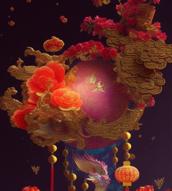 Chinese New Year Abundance in Mixed Media Collage