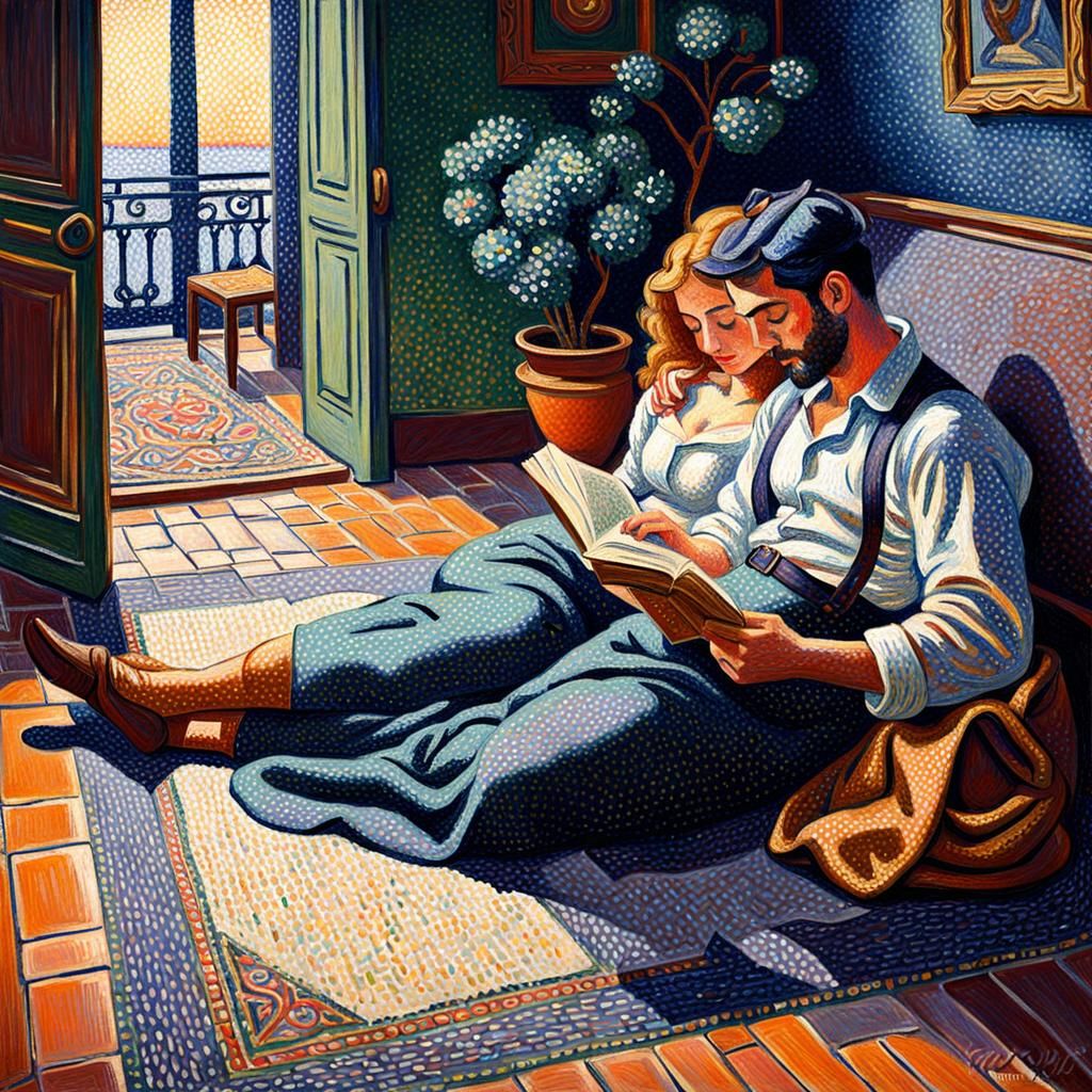 Poet Reads to Girlfriend: Pointillist Style