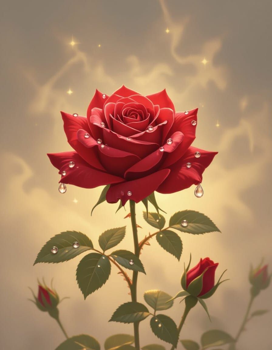 Red Rose with Dewdrops in Romantic Lighting