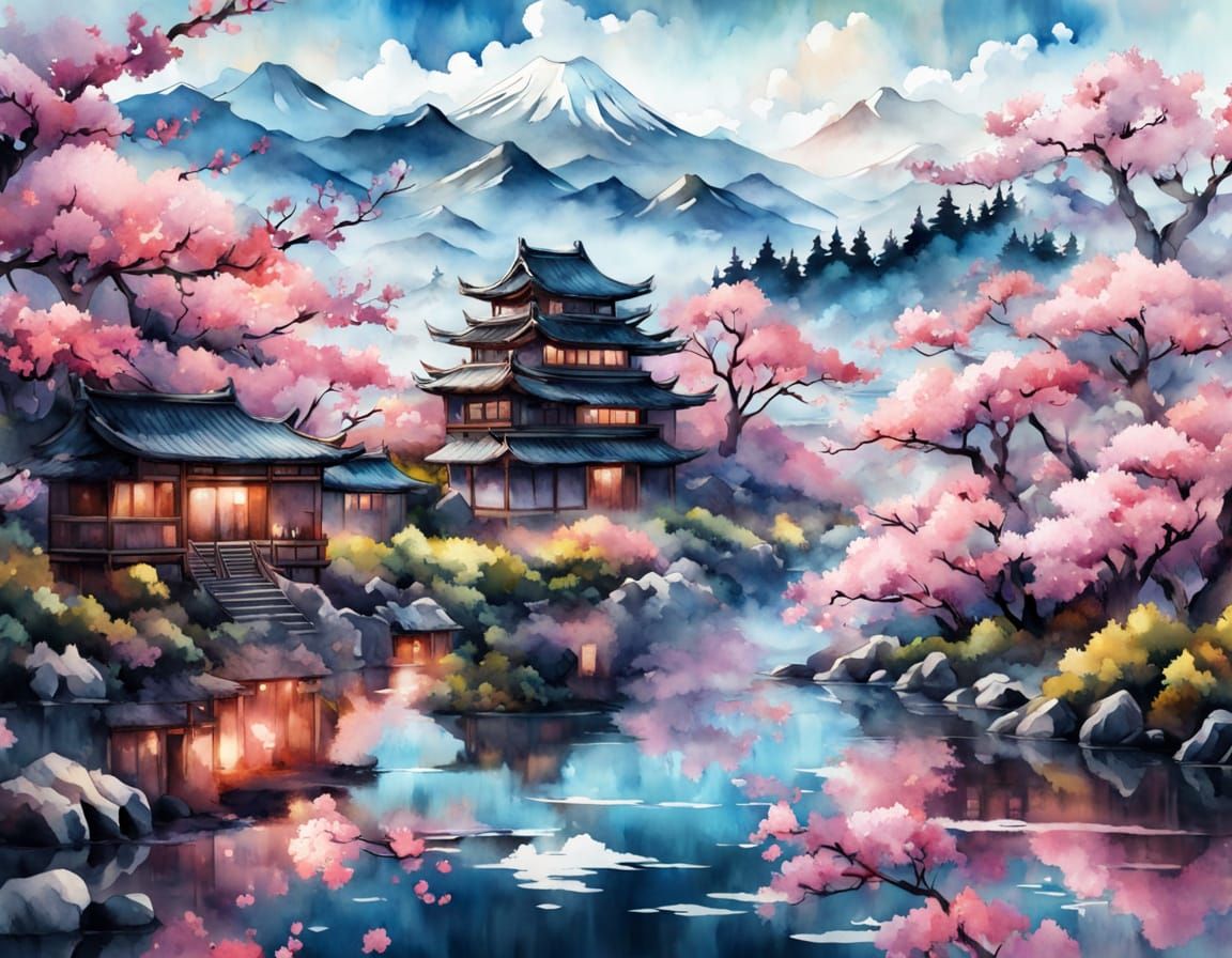 Fantastical Cherry Blossom Pagoda in Vibrant Watercolor
