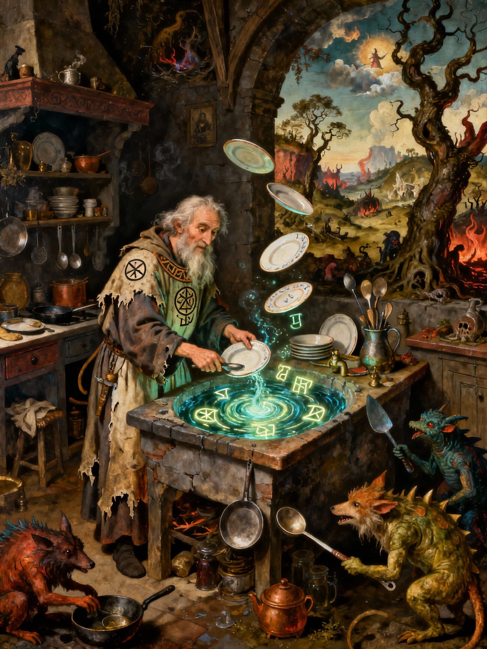 Sorcerer Magically Does Dishes in Hieronymus Bosch Style