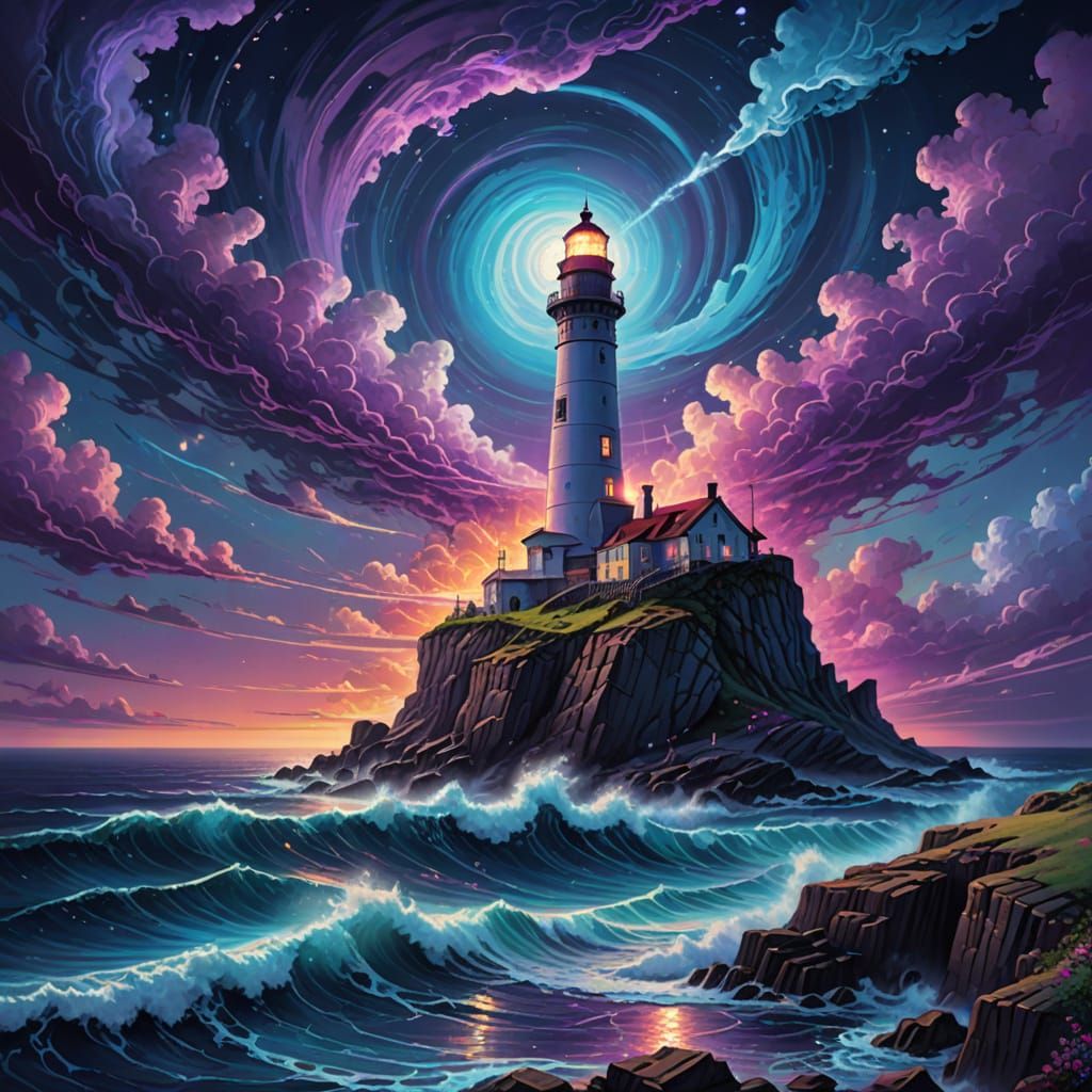 Cosmic Lighthouse Overlooking Stormy Seas