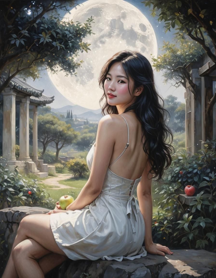 Chiaroscuro Portrait: Korean Woman in Ancient Garden