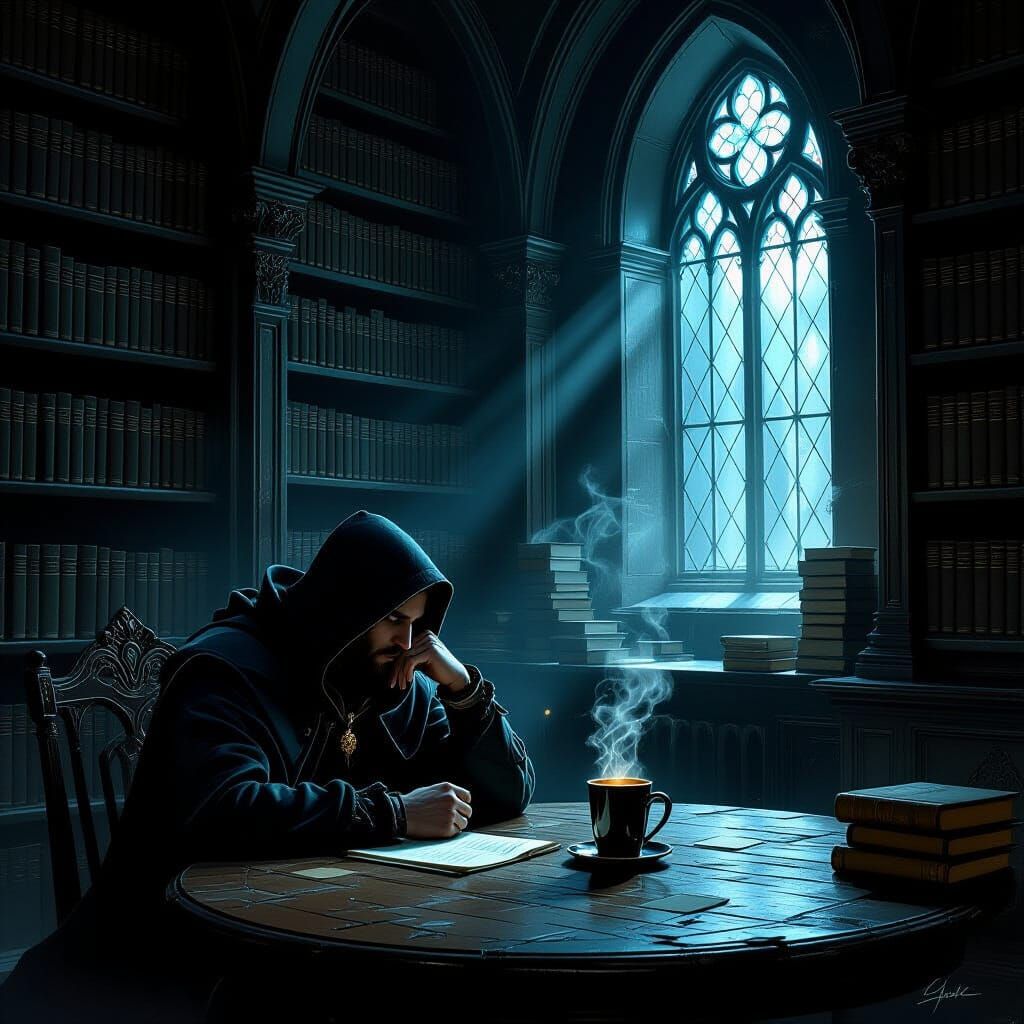 Lone Traveler in Ancient Library Cafe